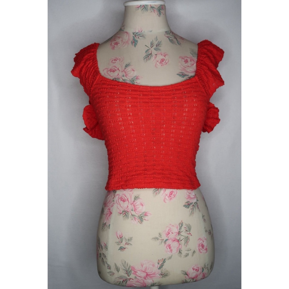 Free People Red Ruffle Square Neck Crop Top Textured Flutter Sleeve Women's S
